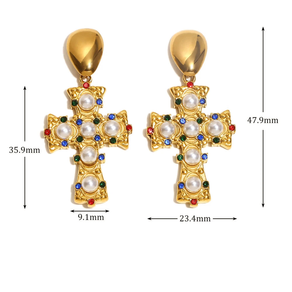 Cross Earrings with Pearls and Zirconia