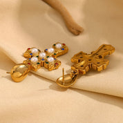 Cross Earrings with Pearls and Zirconia