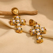 Cross Earrings with Pearls and Zirconia