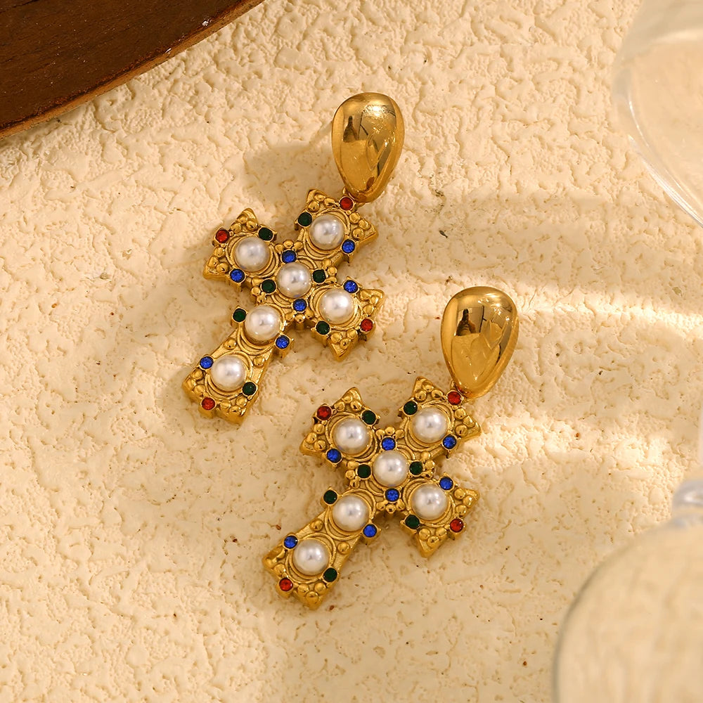 Cross Earrings with Pearls and Zirconia